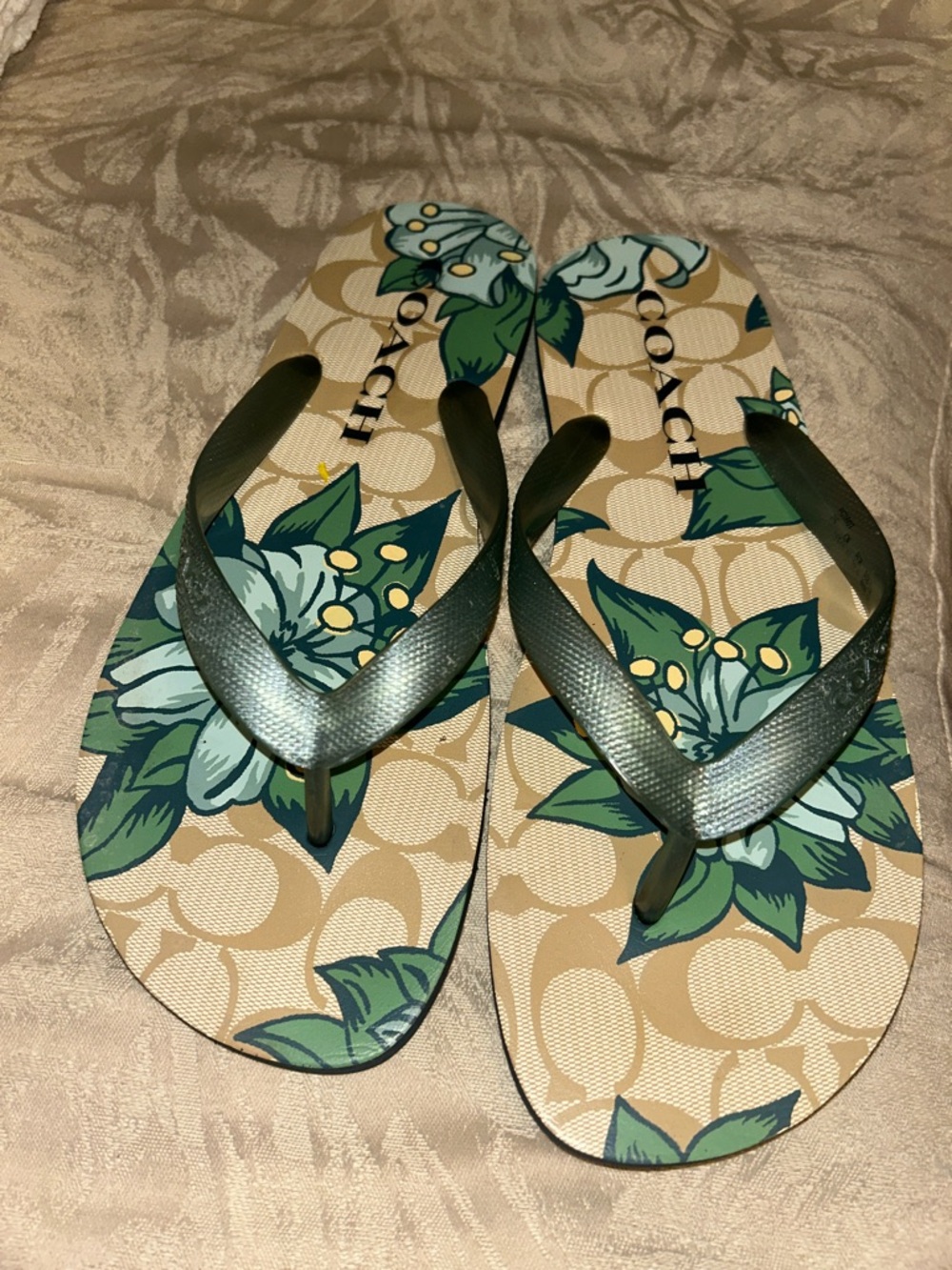Coach Beige Floral Logo Flip Flop Sandals with Green Straps